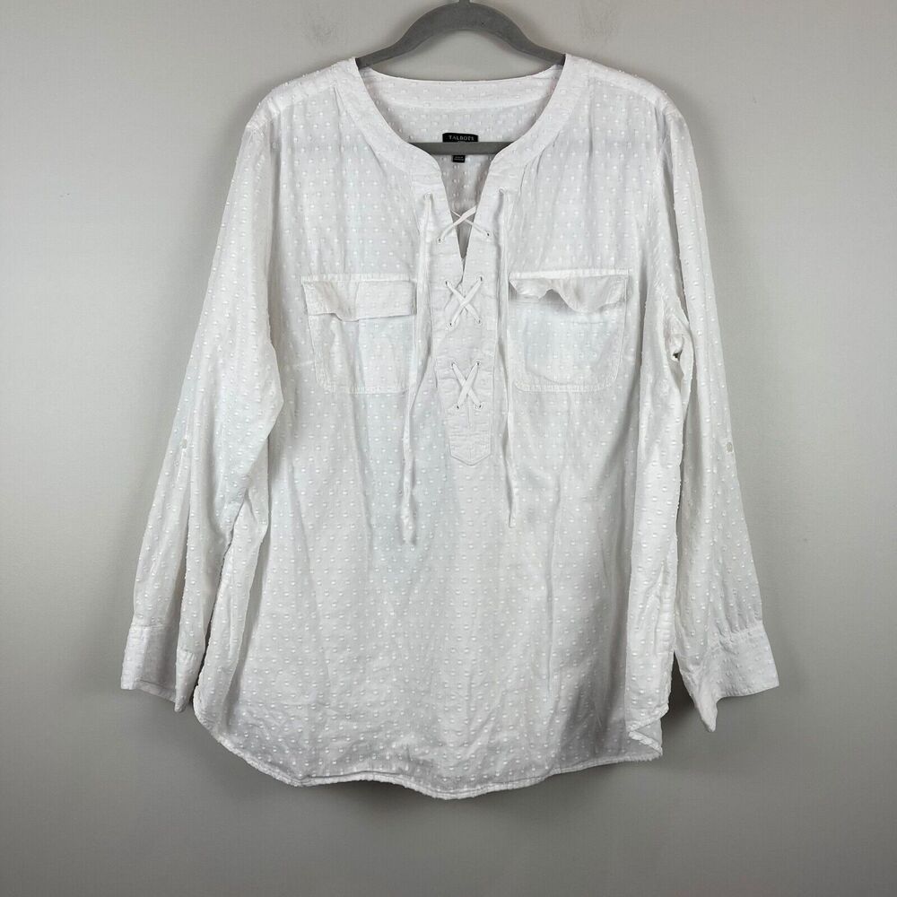 Talbots Top Women's 2X White Swiss Dot Lace Up‎ Criss Cross Long Sleeve Beachy